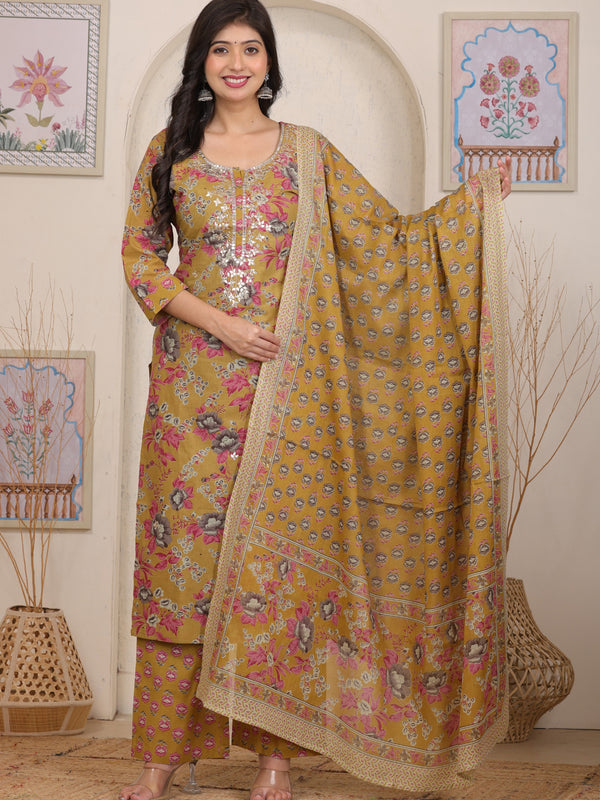 Magenta Red Floral Printed Cotton Straight Kurta Set with Gota Patti Work and Dupatta
