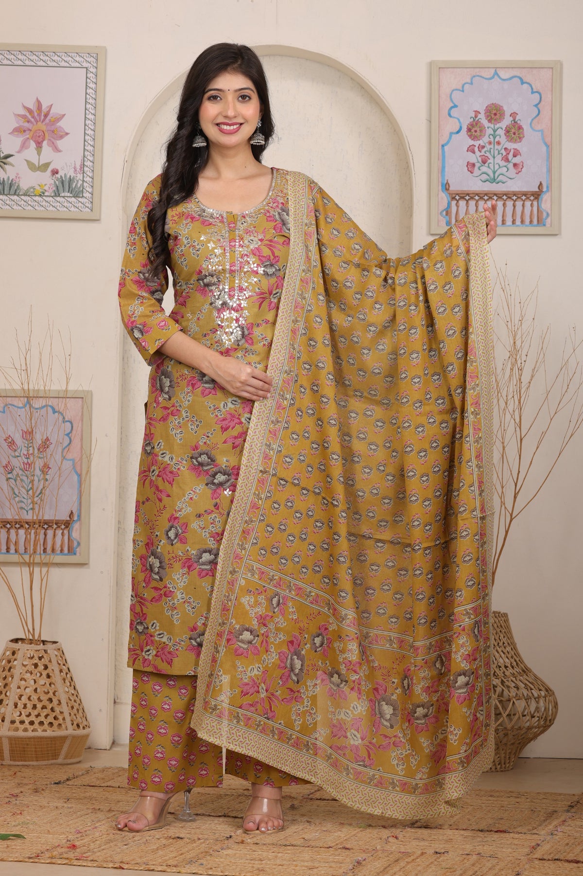 Floral Printed Cotton Straight Kurta Set with Gota Patti Work and Dupatta
