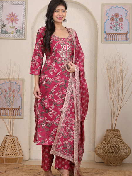 Magenta Red Floral Printed Cotton Straight Kurta Set with Gota Patti Work and Dupatta