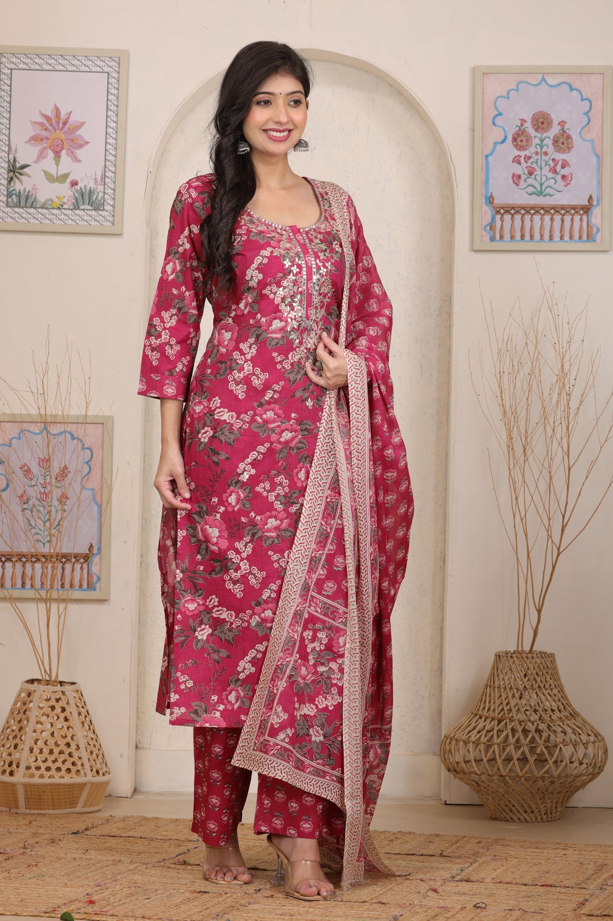 Floral Printed Cotton Straight Kurta Set with Gota Patti Work and Dupatta