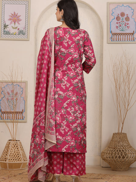 Magenta Red Floral Printed Cotton Straight Kurta Set with Gota Patti Work and Dupatta