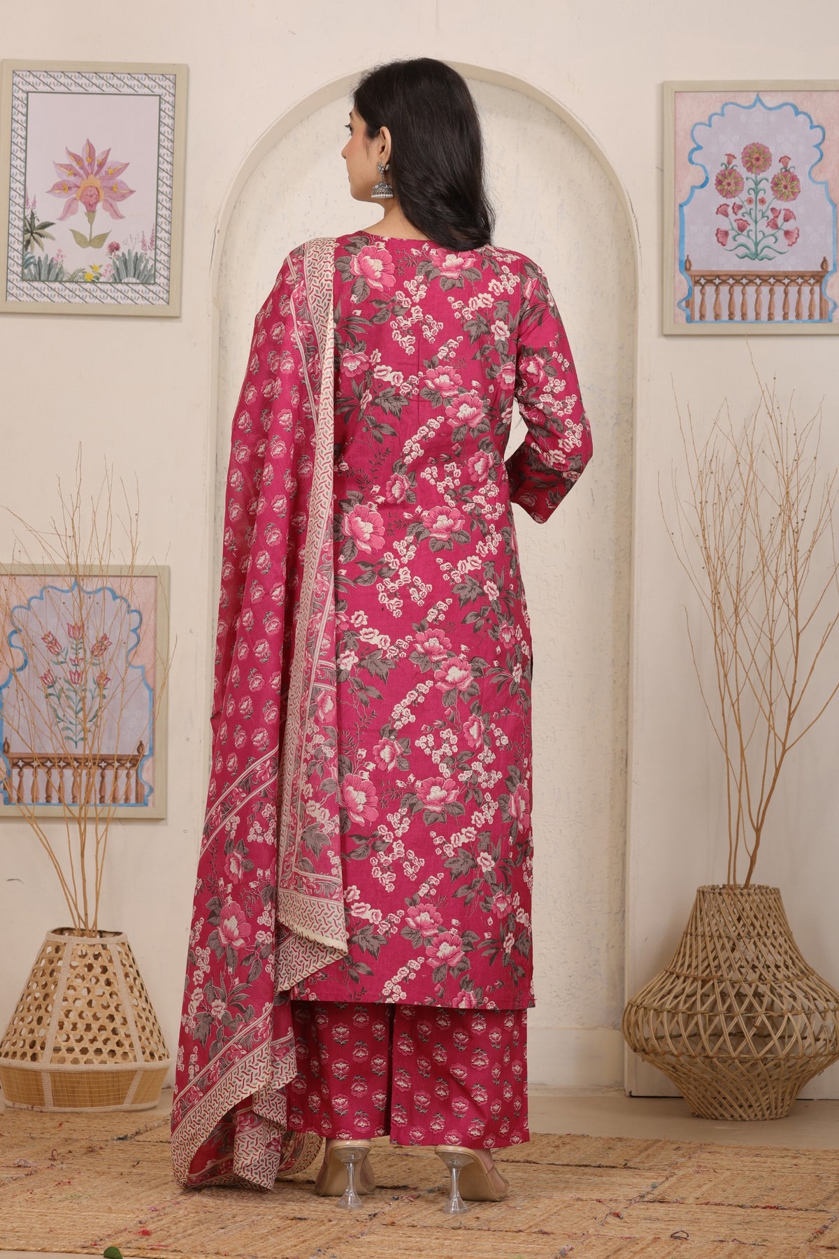 Floral Printed Cotton Straight Kurta Set with Gota Patti Work and Dupatta