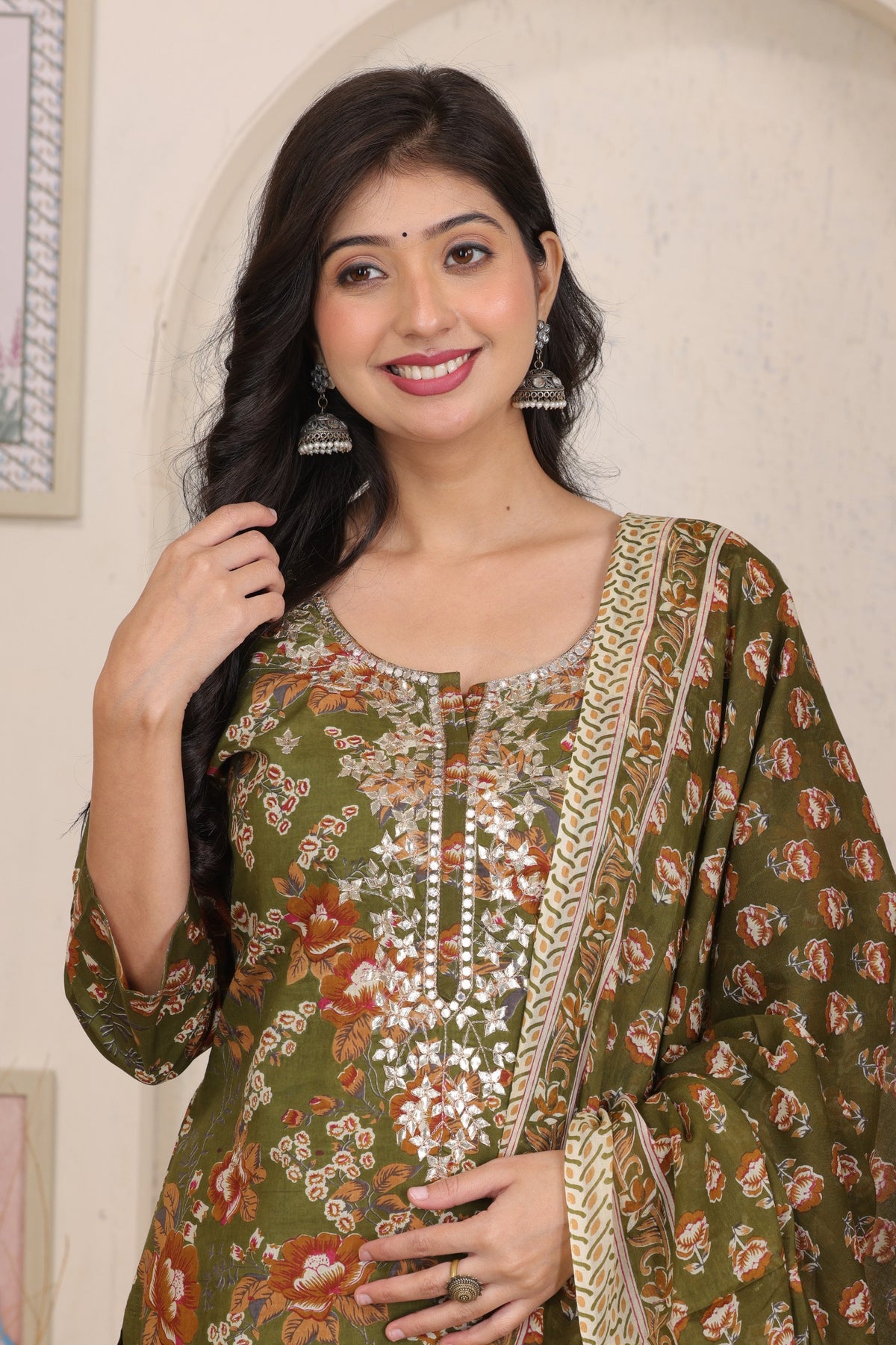 Floral Printed Cotton Straight Kurta Set with Gota Patti Work and Dupatta
