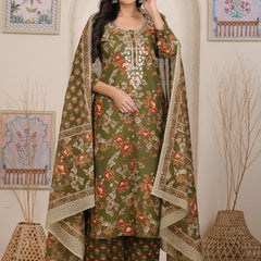Magenta Red Floral Printed Cotton Straight Kurta Set with Gota Patti Work and Dupatta