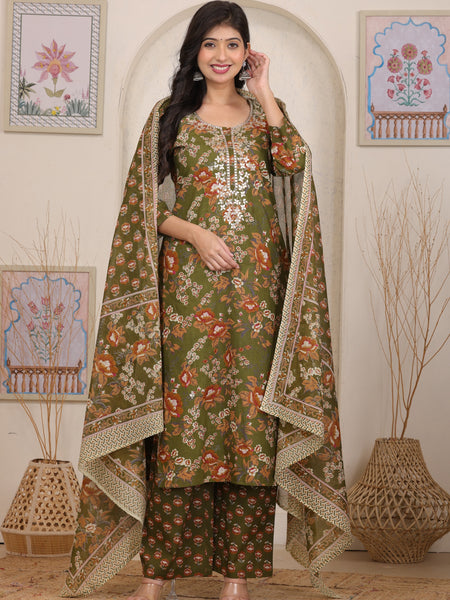Olive Green Floral Printed Cotton Straight Kurta Set with Gota Patti Neckline and Dupatta