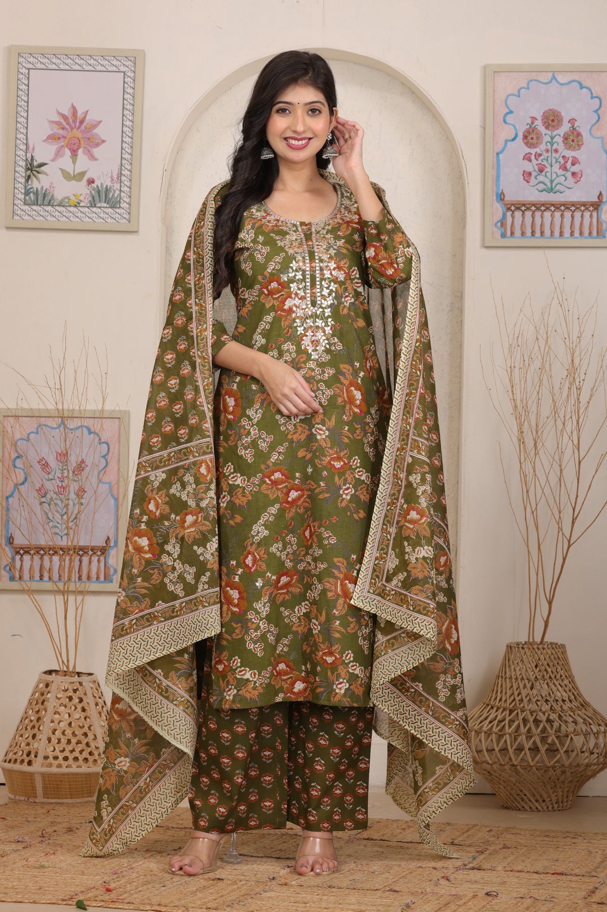 Floral Printed Cotton Straight Kurta Set with Gota Patti Work and Dupatta