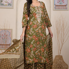 Magenta Red Floral Printed Cotton Straight Kurta Set with Gota Patti Work and Dupatta