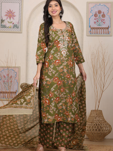 Olive Green Floral Printed Cotton Straight Kurta Set with Gota Patti Neckline and Dupatta