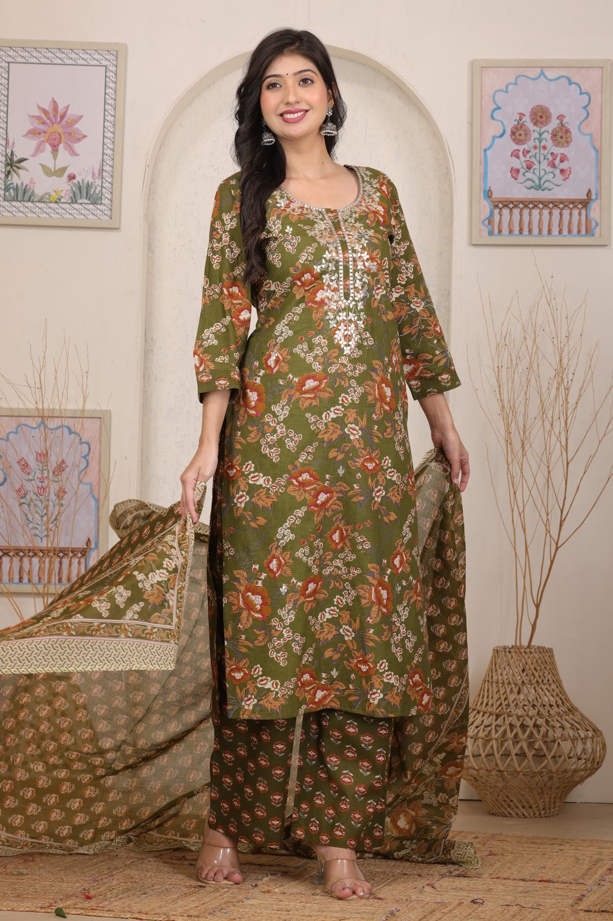 Floral Printed Cotton Straight Kurta Set with Gota Patti Work and Dupatta
