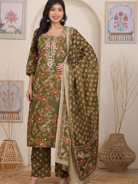 Olive Green Floral Printed Cotton Straight Kurta Set with Gota Patti Neckline and Dupatta