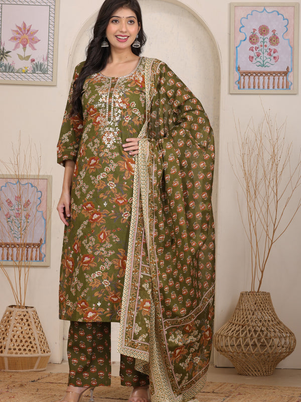 Magenta Red Floral Printed Cotton Straight Kurta Set with Gota Patti Work and Dupatta