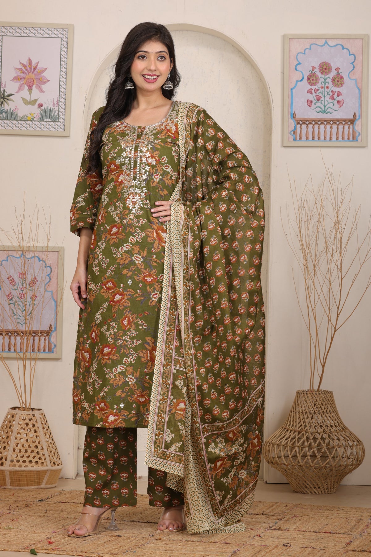 Floral Printed Cotton Straight Kurta Set with Gota Patti Work and Dupatta