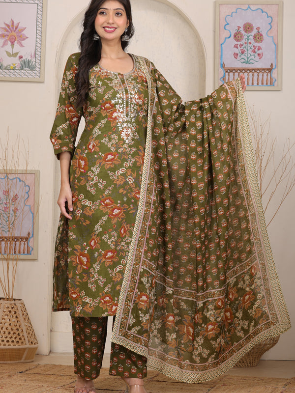 Magenta Red Floral Printed Cotton Straight Kurta Set with Gota Patti Work and Dupatta