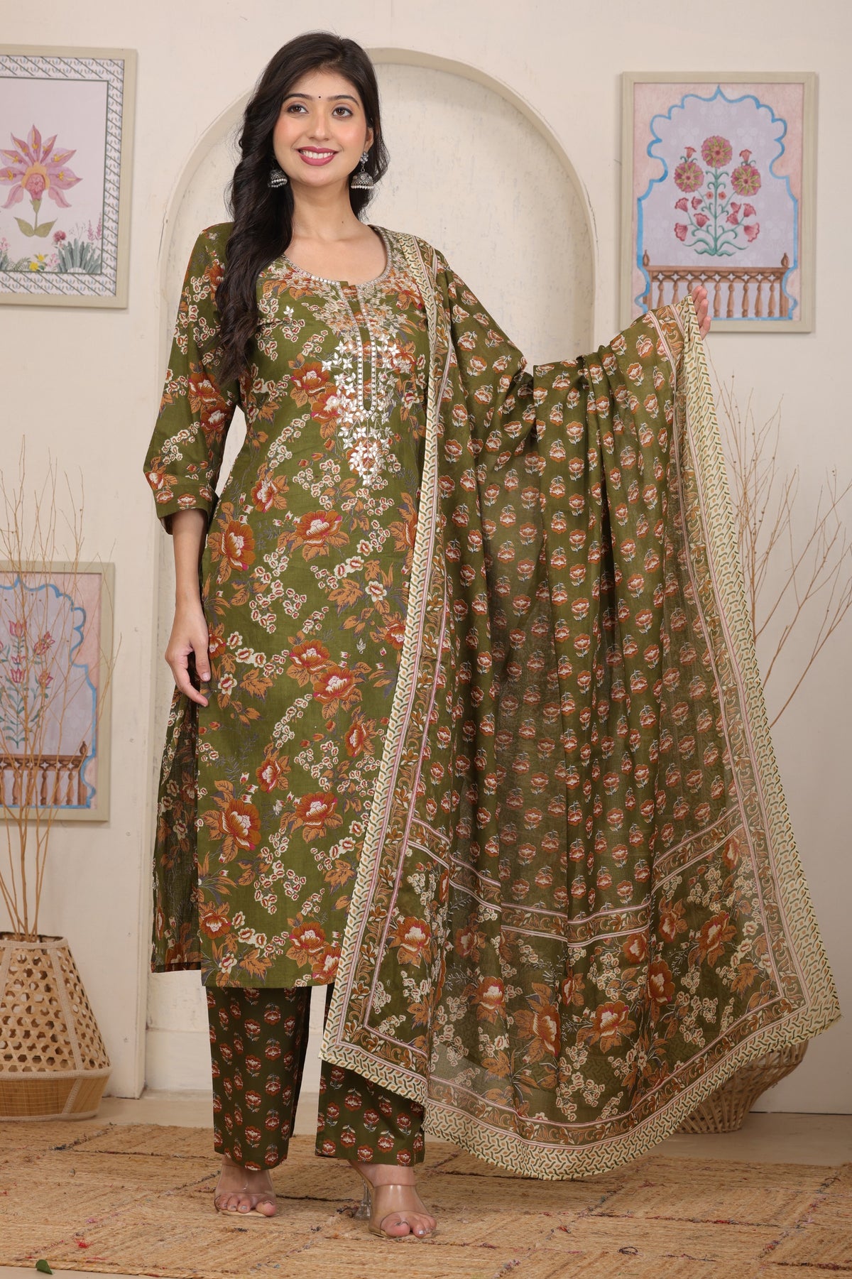 Floral Printed Cotton Straight Kurta Set with Gota Patti Work and Dupatta