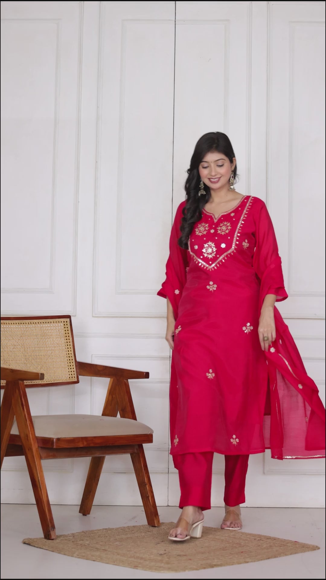 Women’s Embroidered Mul Chanderi Kurta Pant Dupatta Set