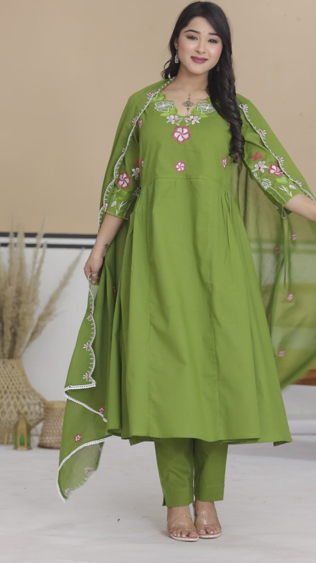 Floral Thread Work Cotton A-Line Kurta Set with Dupatta