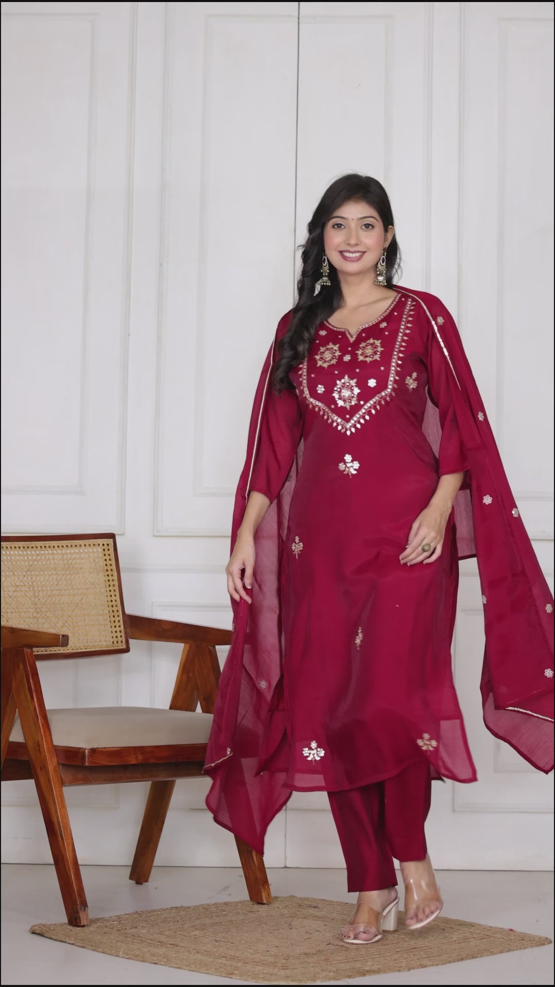 Women’s Embroidered Mul Chanderi Kurta Pant Dupatta Set