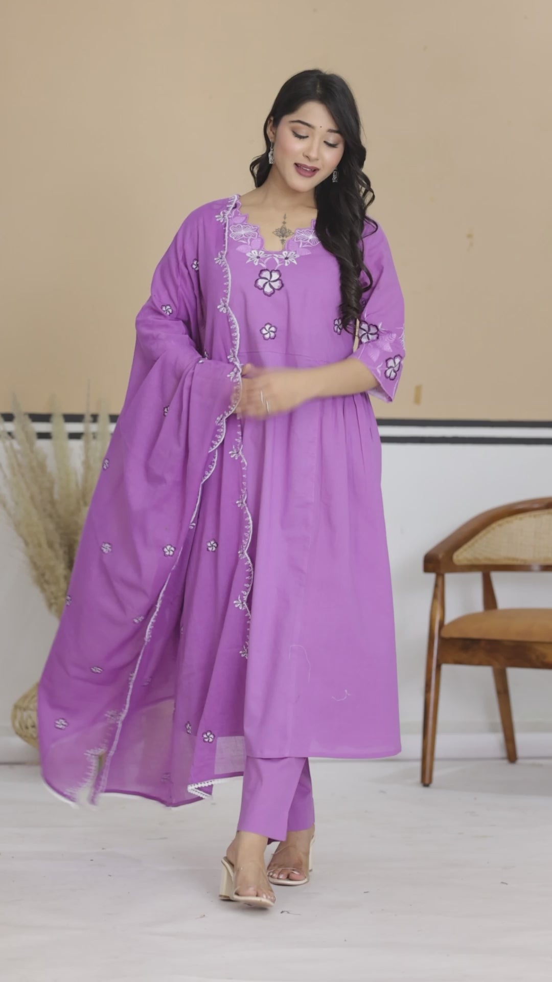 Floral Thread Work Cotton A-Line Kurta Set with Dupatta