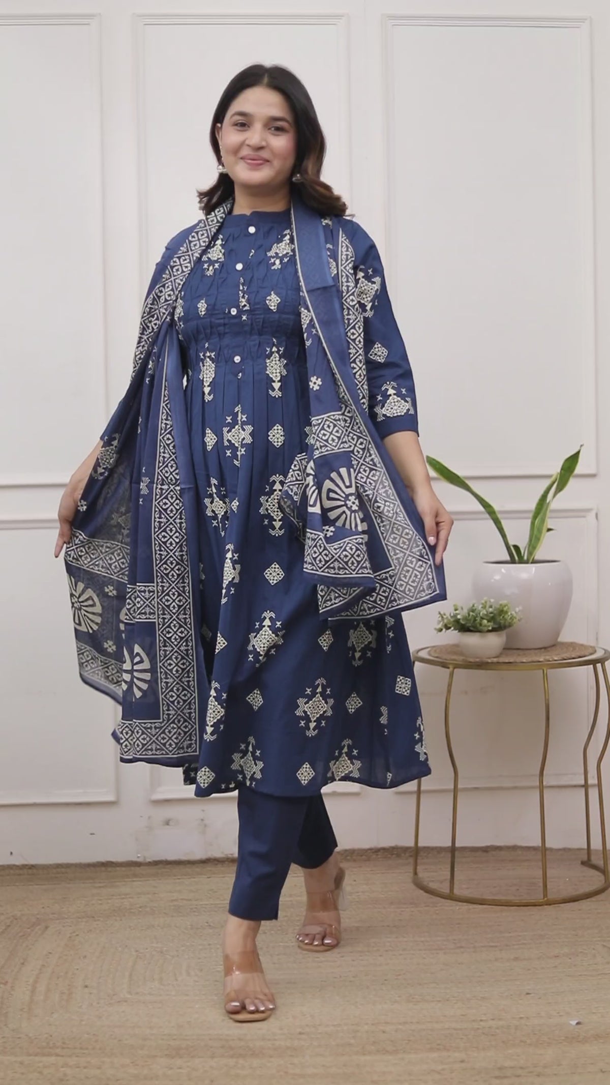 Geometric Print Cotton A-Line Kurta Set with Dupatta