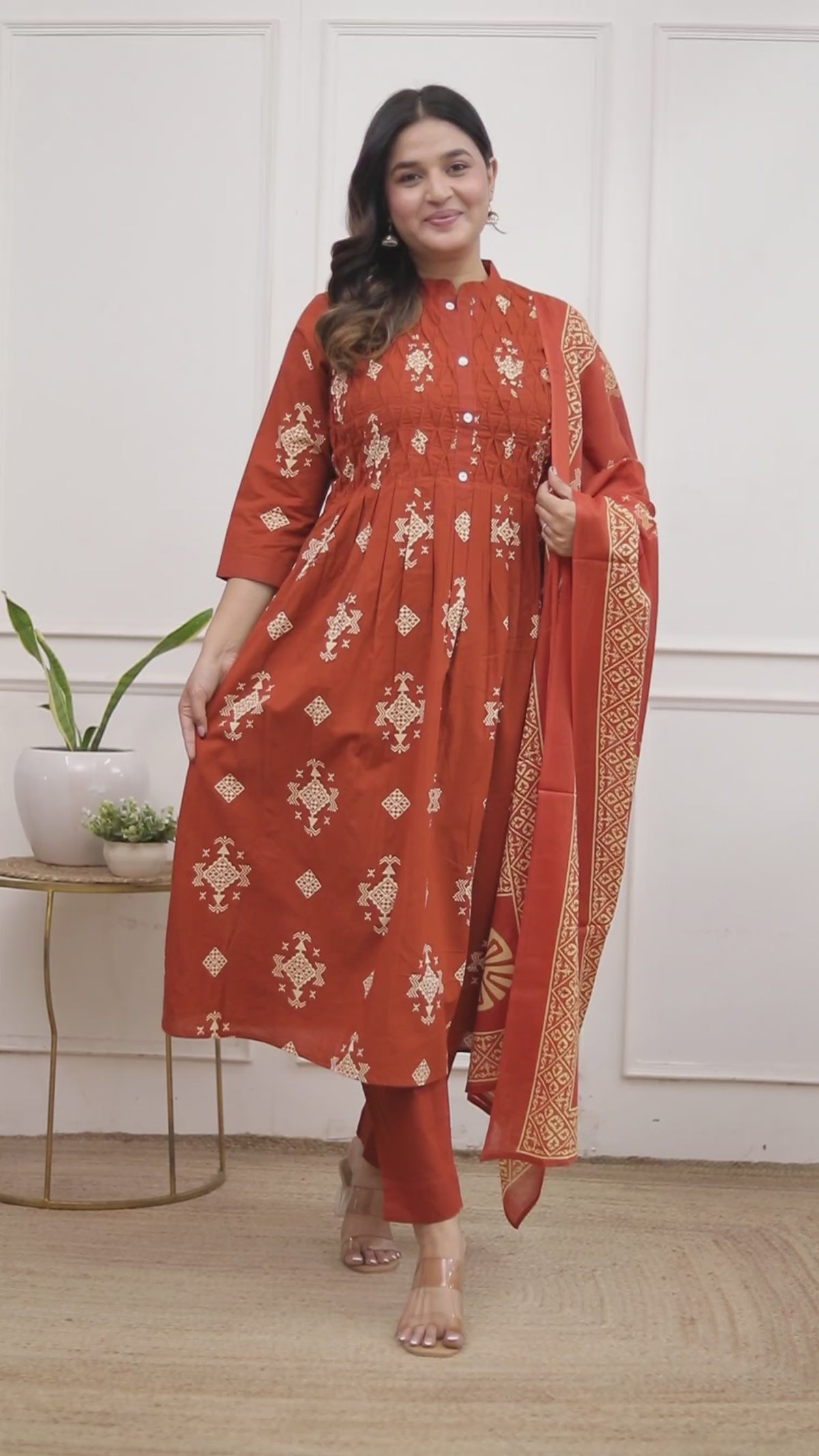 Geometric Print Cotton A-Line Kurta Set with Dupatta