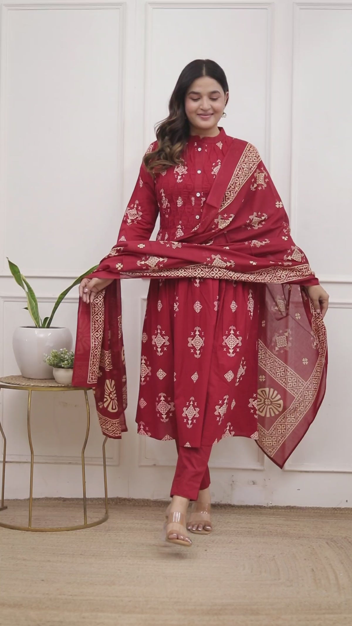 Geometric Print Cotton A-Line Kurta Set with Dupatta