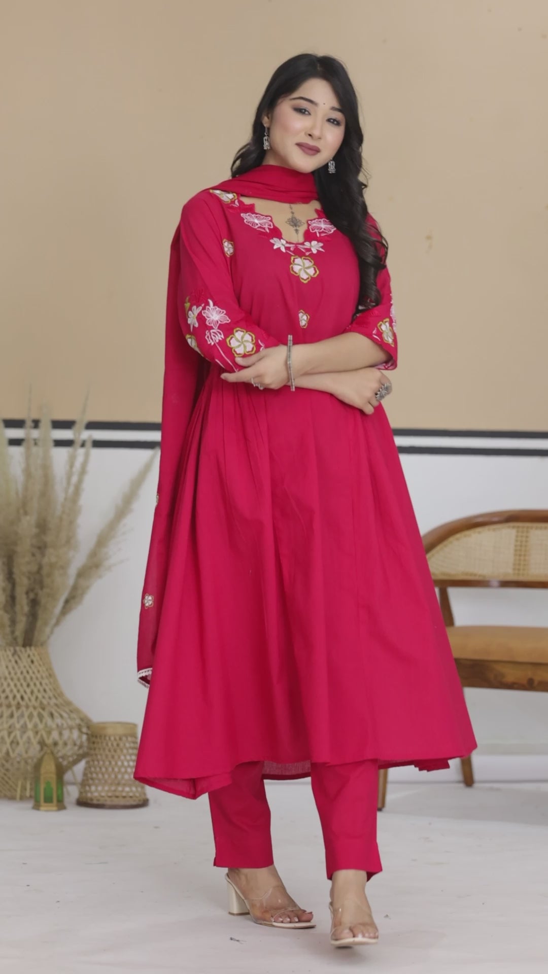 Floral Thread Work Cotton A-Line Kurta Set with Dupatta