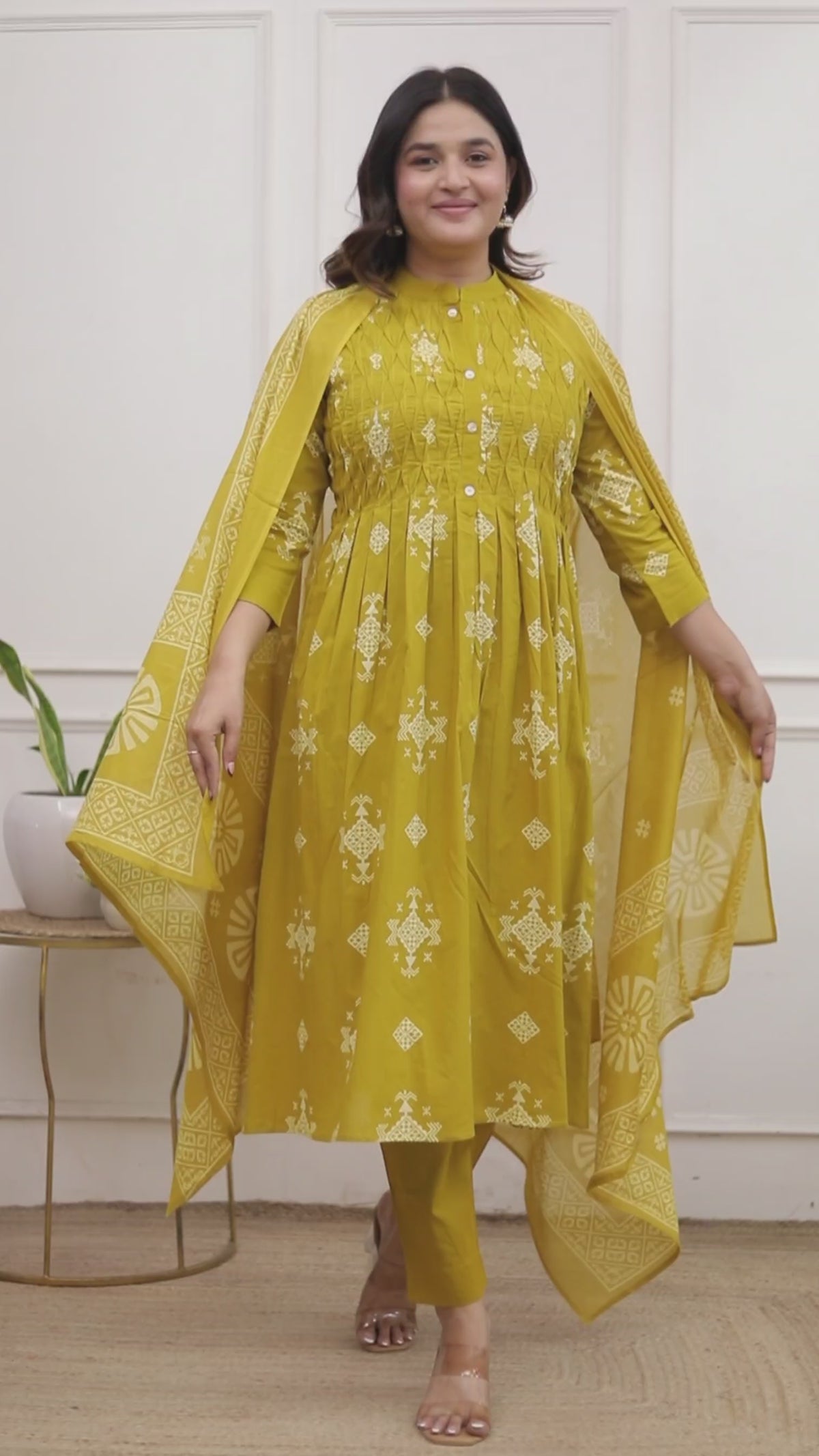 Geometric Print Cotton A-Line Kurta Set with Dupatta